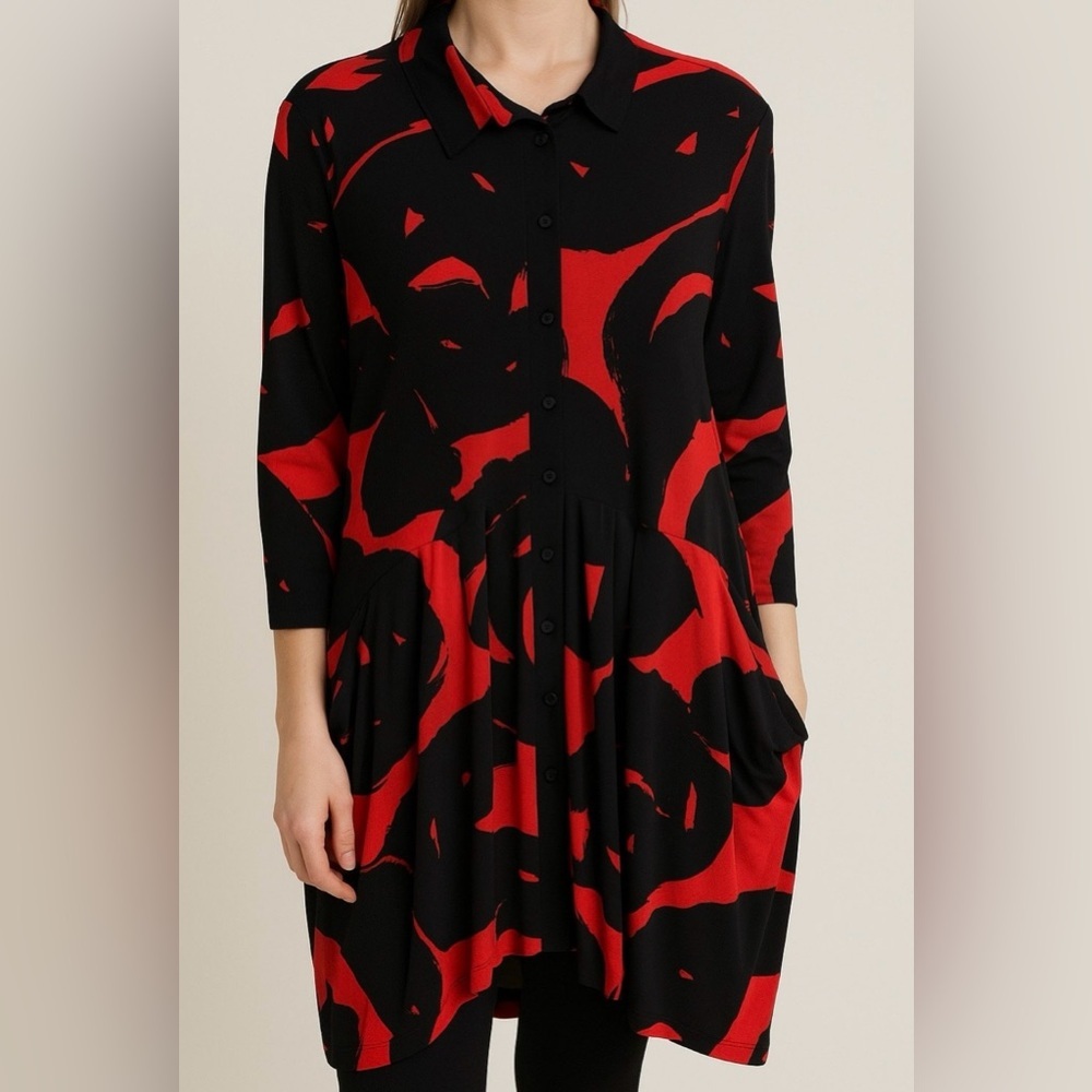 Alembika Art Print Wonderful Collar Dress Abstract Red Black Size Medium